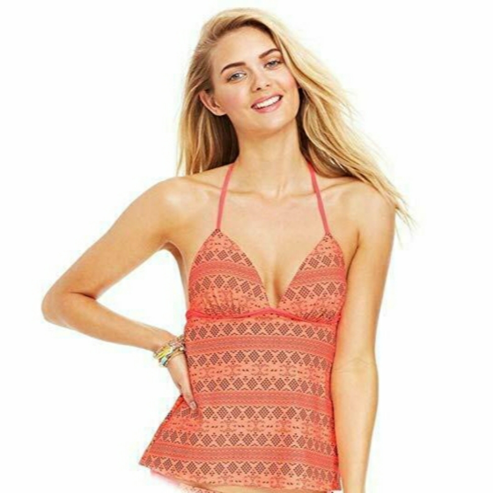HULA HONEY Cantaloupe Tribal Aztec Print Push Up Tankini Swim Top Jr Sz X Small